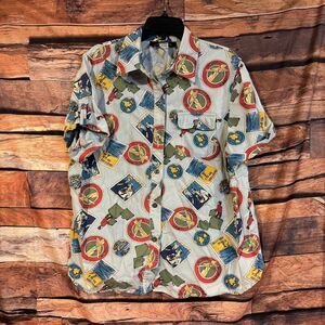 Sag Harbor Sport Woman Top 1X Blue Multi Cotton Travel Plane Print Button Up